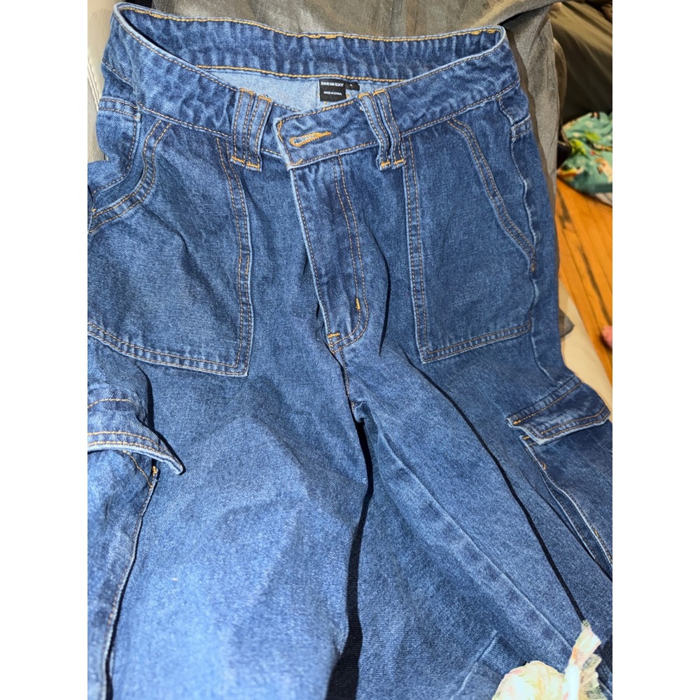 SHEIN SXY Women Blue Cargo Jeans High Waisted Multi Pocket Straight Leg Size S